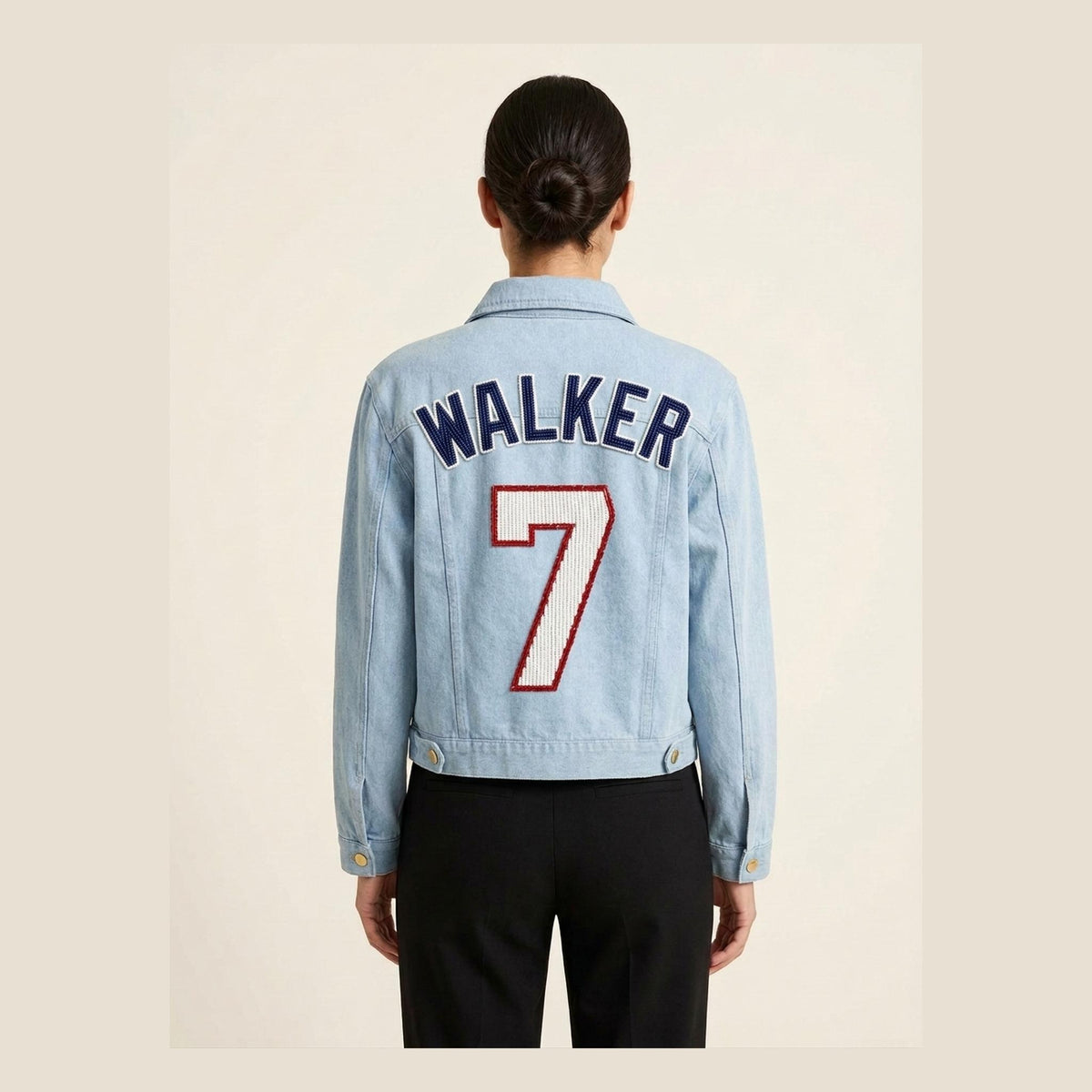 Custom Beaded Denim Jacket with Baseball Name and Number, Pe