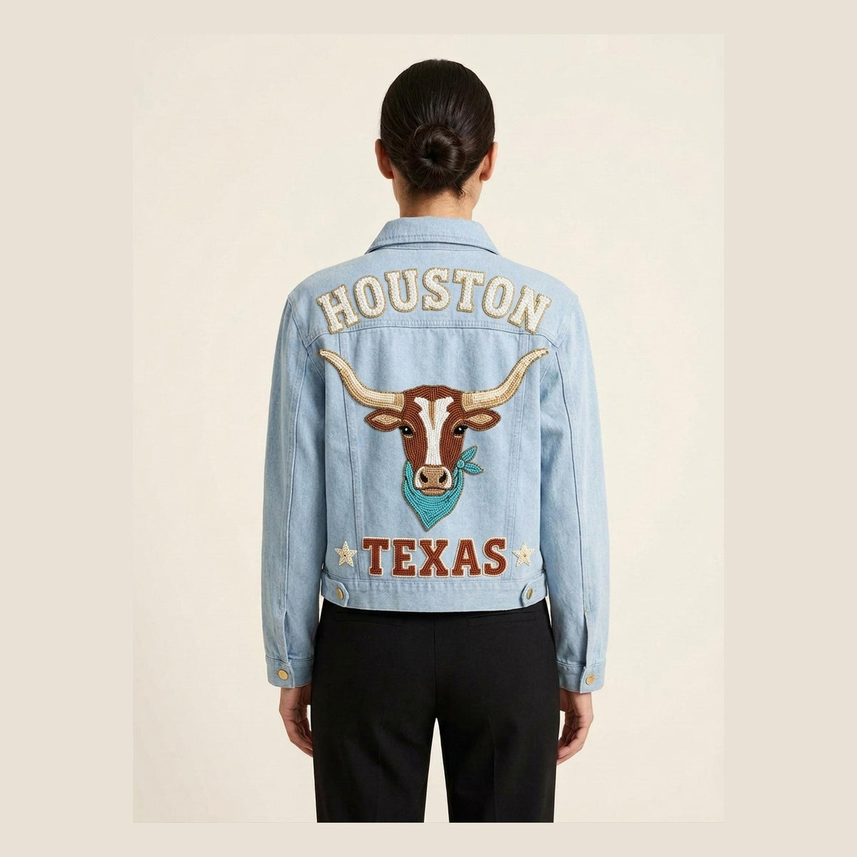 Custom Beaded Texas Longhorn Denim Jacket, Personalized City