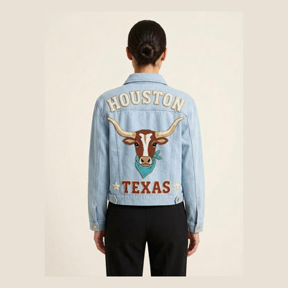 Custom Beaded Texas Longhorn Denim Jacket, Personalized City