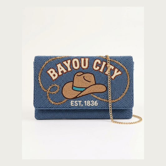 Personalized Bayou City Cowgirl Hat Beaded Clutch, Houston W