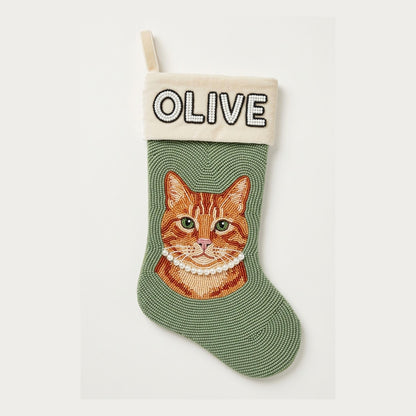 Personalized Beaded Christmas Stocking with Name, Tabby Cat 