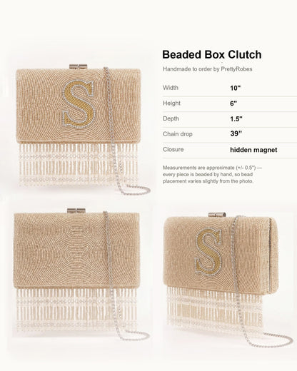 Custom Beaded Monogram Clutch with Fringe, Personalized Bridal Evening Bag, Champagne Initial Purse with Pearl and Crystal Beading