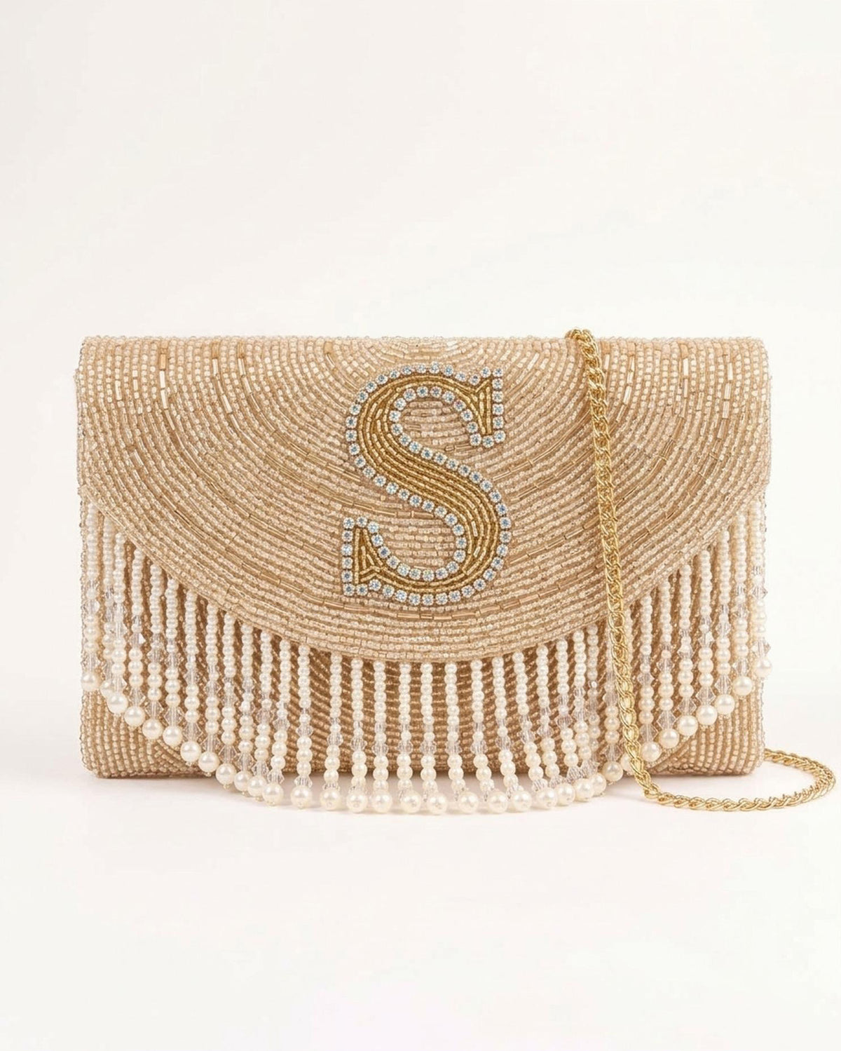 Personalized Beaded Monogram Clutch with Fringe, Custom Initial Bridal Purse, Champagne Pearl Wedding Evening Bag, Bridesmaid Gift