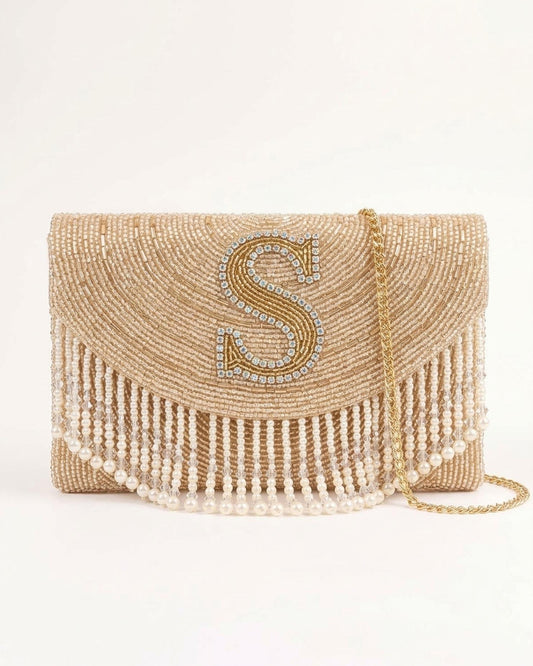 Personalized Beaded Monogram Clutch with Fringe, Custom Initial Bridal Purse, Champagne Pearl Wedding Evening Bag, Bridesmaid Gift