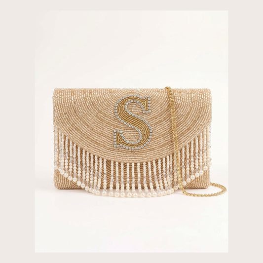 Personalized Beaded Monogram Clutch with Fringe