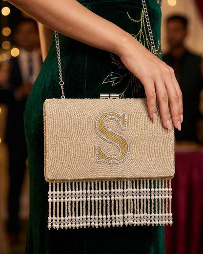 Custom Beaded Monogram Clutch with Fringe, Personalized Bridal Evening Bag, Champagne Initial Purse with Pearl and Crystal Beading