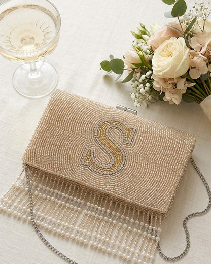Custom Beaded Monogram Clutch with Fringe, Personalized Bridal Evening Bag, Champagne Initial Purse with Pearl and Crystal Beading