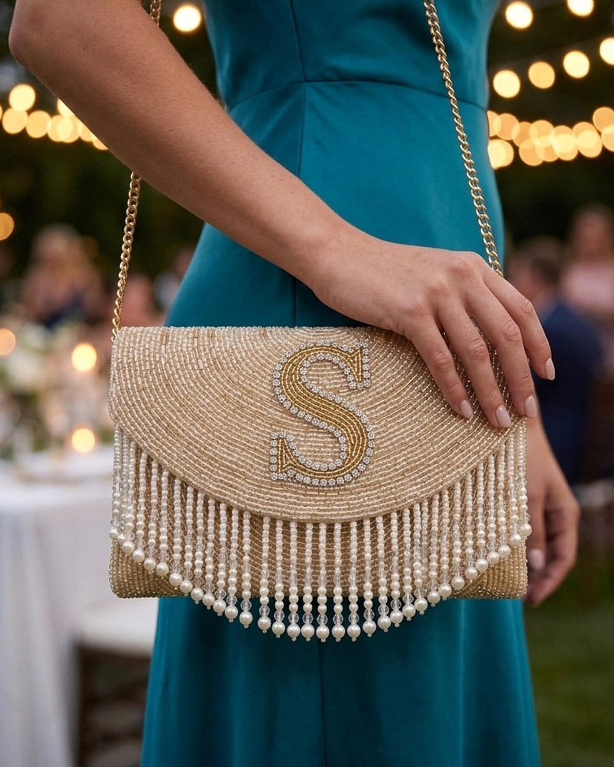 Personalized Beaded Monogram Clutch with Fringe, Custom Initial Bridal Purse, Champagne Pearl Wedding Evening Bag, Bridesmaid Gift