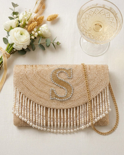 Personalized Beaded Monogram Clutch with Fringe, Custom Initial Bridal Purse, Champagne Pearl Wedding Evening Bag, Bridesmaid Gift