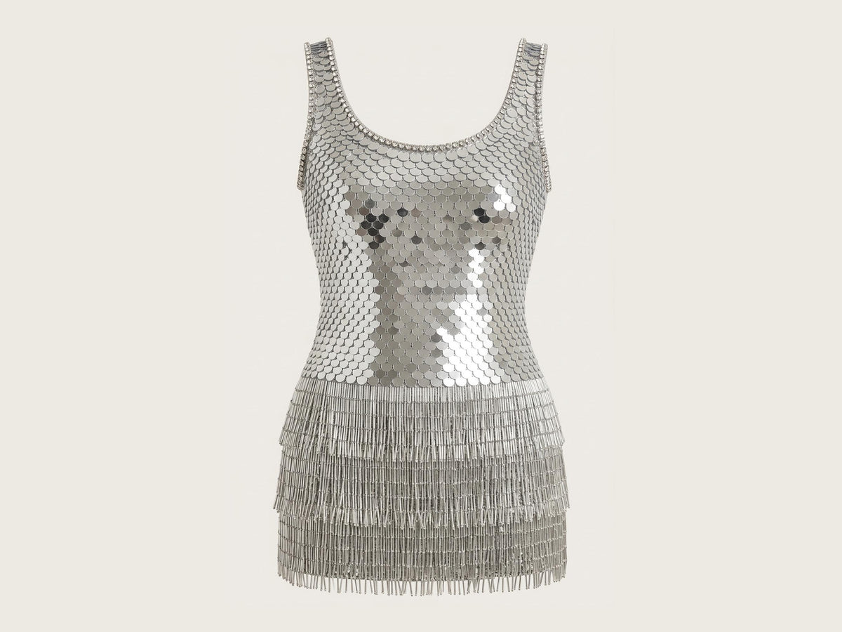 Silver sequin fringe beaded mini dress