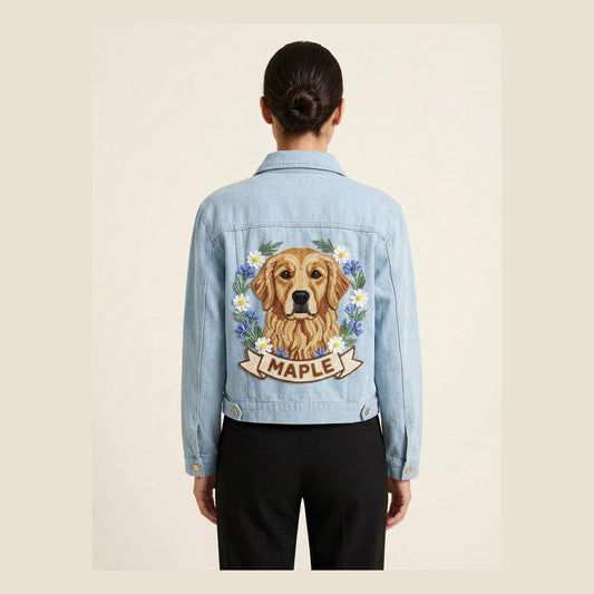 Personalized Beaded Golden Retriever Denim Jacket with Dog N