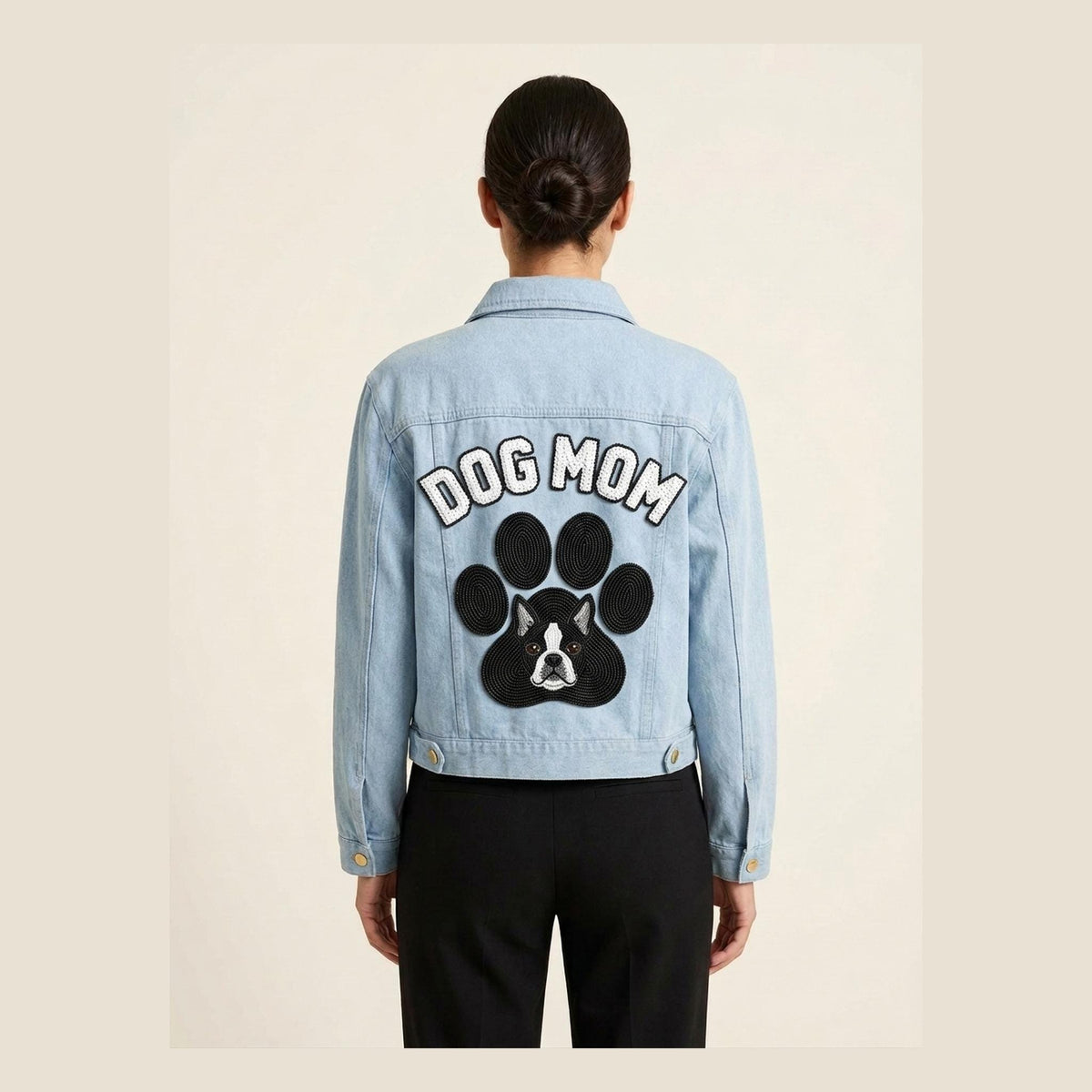 Custom Dog Mom Denim Jacket with Beaded Pet Portrait, Person