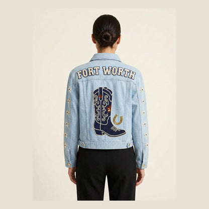 Custom Beaded Western Denim Jacket Fort Worth Cowboy Boot Je