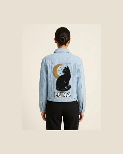Personalized Black Cat Denim Jacket with Name, Hand Beaded C