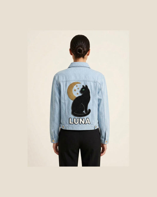 Personalized Black Cat Denim Jacket with Name, Hand Beaded C