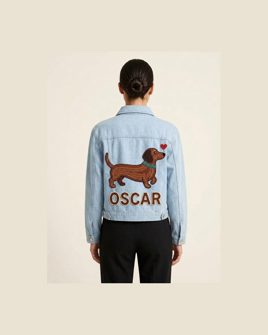 Custom Beaded Dachshund Denim Jacket with Pet Name, Personal