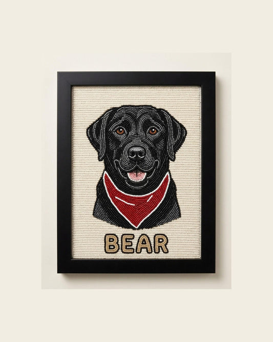 Custom Beaded Black Lab Portrait Framed Wall Art, Personaliz