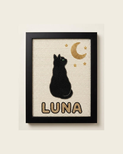 Custom Beaded Cat Wall Art with Name, Black Cat Crescent Moo