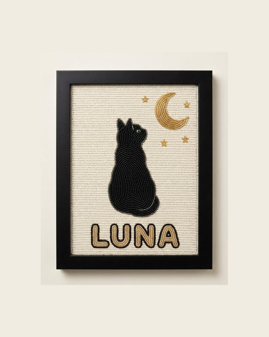 Custom Beaded Cat Wall Art with Name, Black Cat Crescent Moo