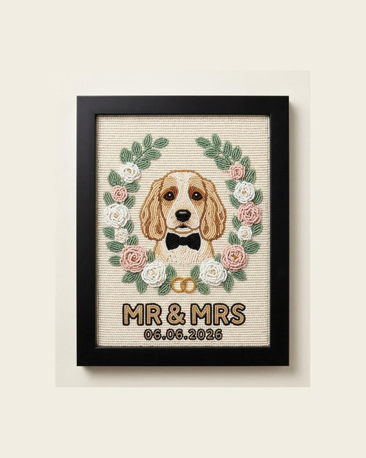 Custom Beaded Dog Wedding Portrait in Frame, Personalized Pe