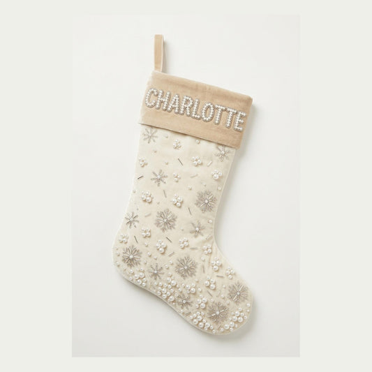 Ivory velvet beaded Christmas stocking with pearl snowfall and name on the champagne cuff
