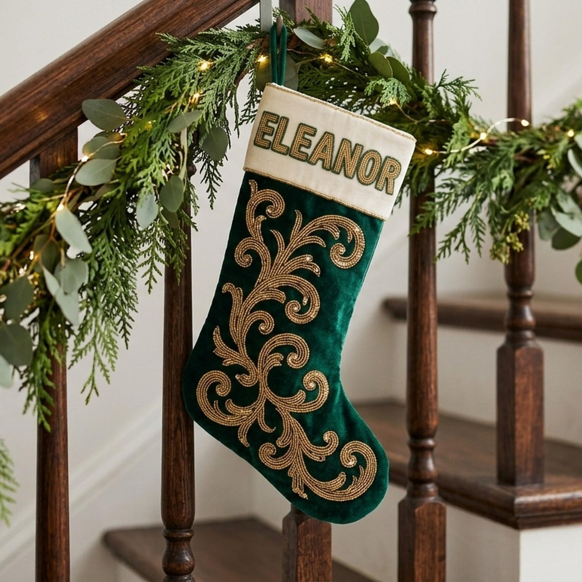 Emerald velvet beaded stocking, lifestyle