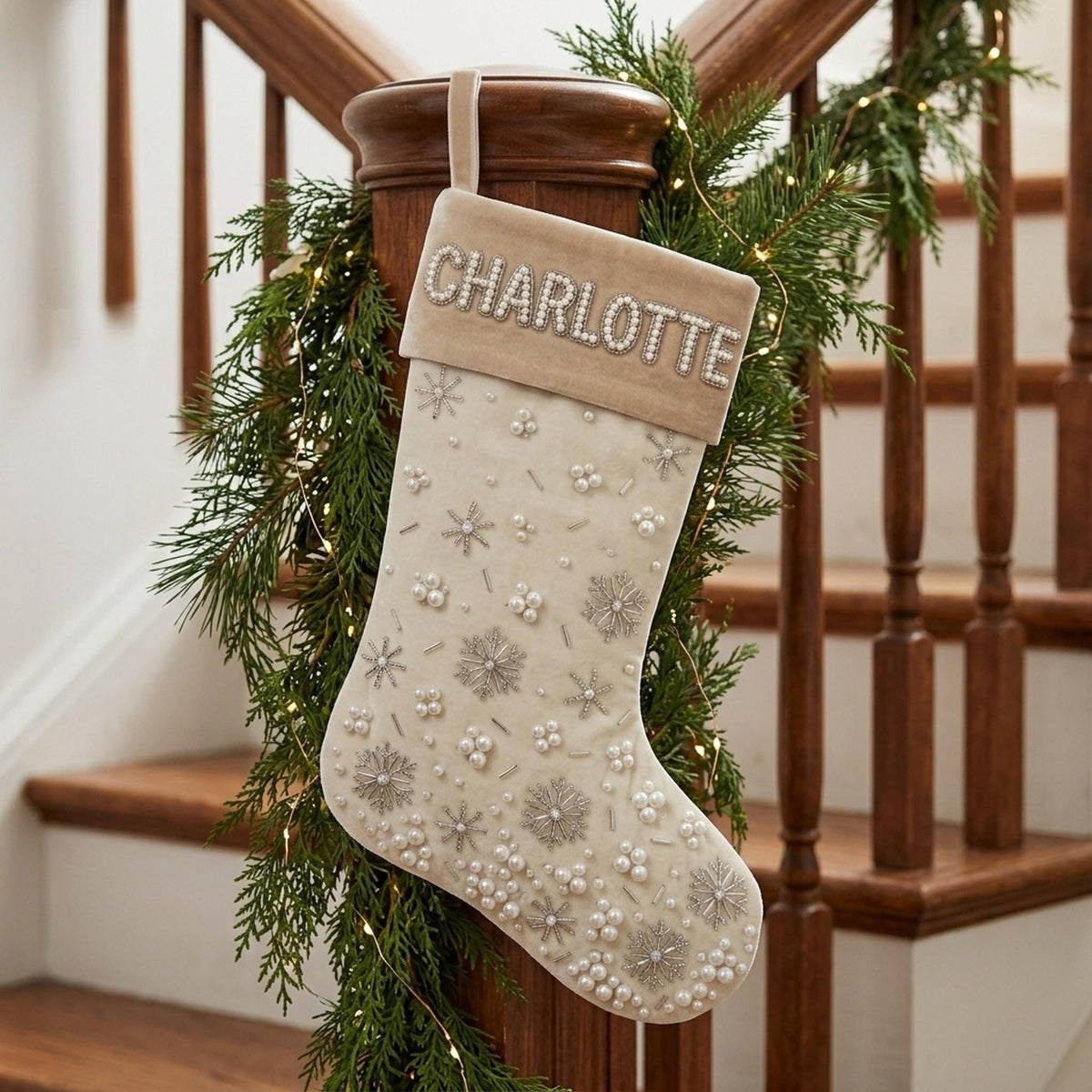 Ivory velvet pearl stocking, lifestyle