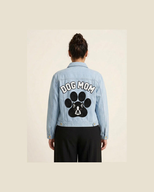 Hand-beaded Dog Mom paw print denim jacket, worn, back view