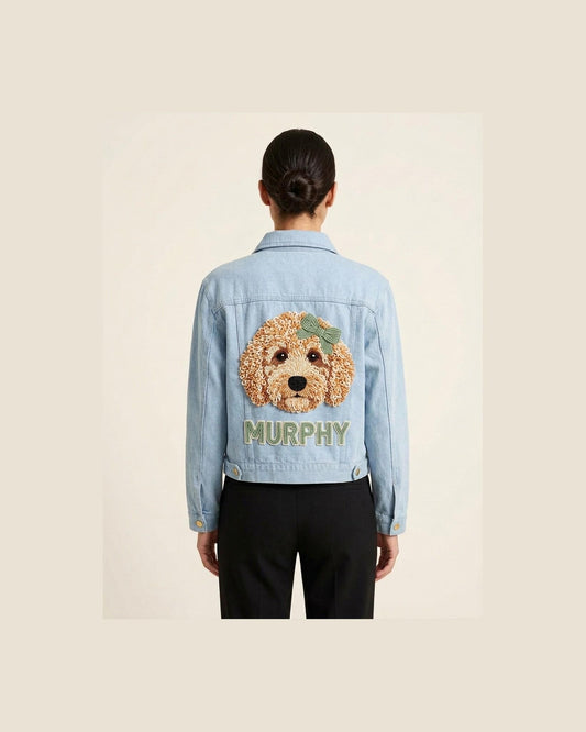 Custom Goldendoodle Denim Jacket Hand Beaded Dog Portrait Je