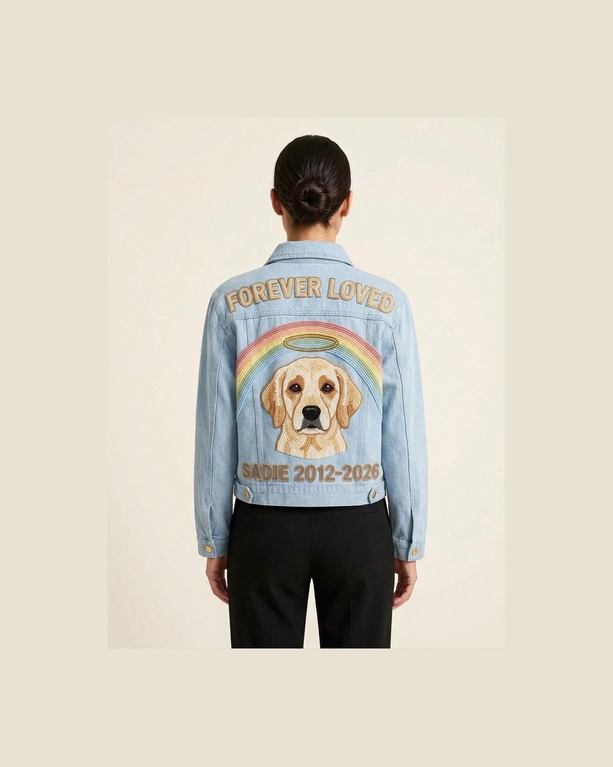 Custom Pet Memorial Denim Jacket, Beaded Rainbow Bridge Dog 