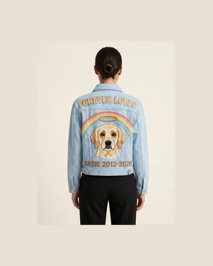 Custom Pet Memorial Denim Jacket, Beaded Rainbow Bridge Dog 