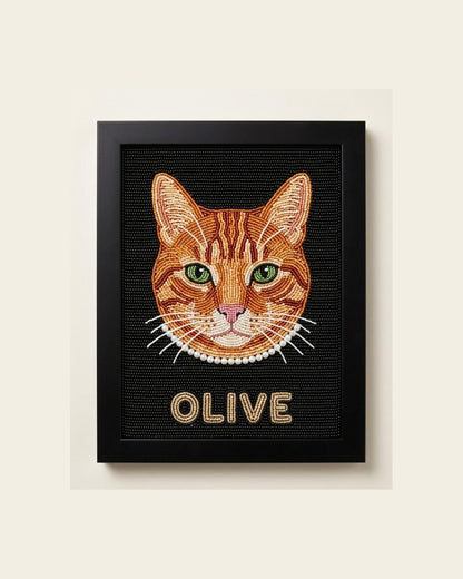 Personalized Beaded Cat Portrait Framed Wall Art, Custom Ora