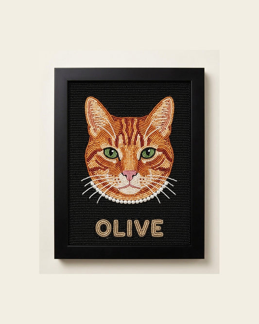 Personalized Beaded Cat Portrait Framed Wall Art, Custom Ora