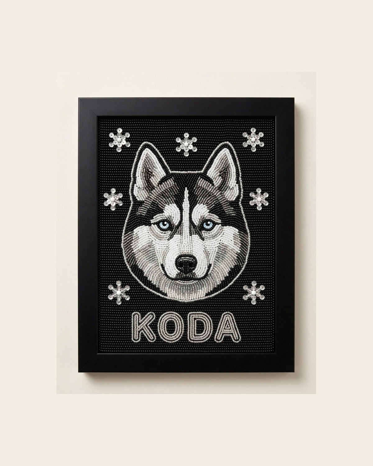 Custom Beaded Husky Wall Art with Pet Name, Hand Embroidered