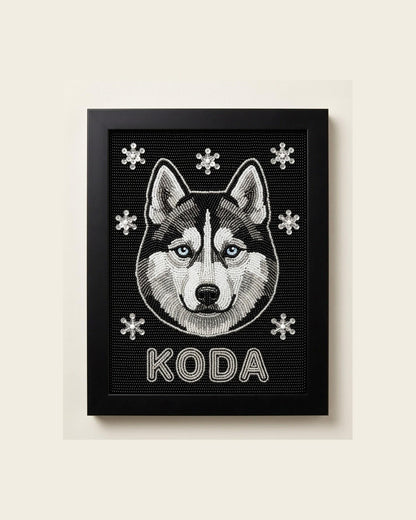 Custom Beaded Husky Wall Art with Pet Name, Hand Embroidered