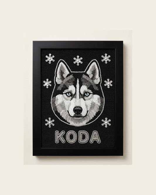 Custom Beaded Husky Wall Art with Pet Name, Hand Embroidered