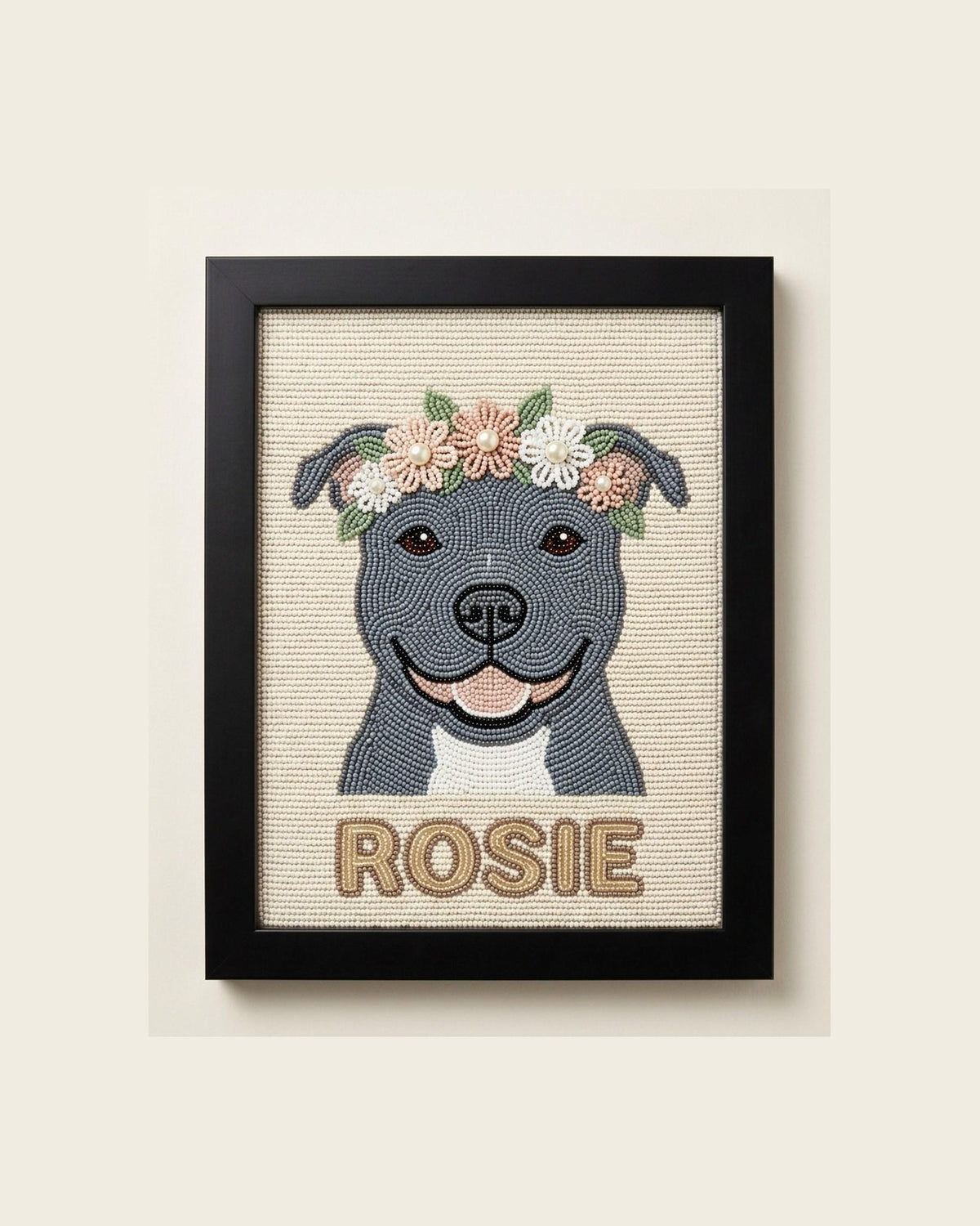 Custom Beaded Pitbull Wall Art with Flower Crown, Personaliz