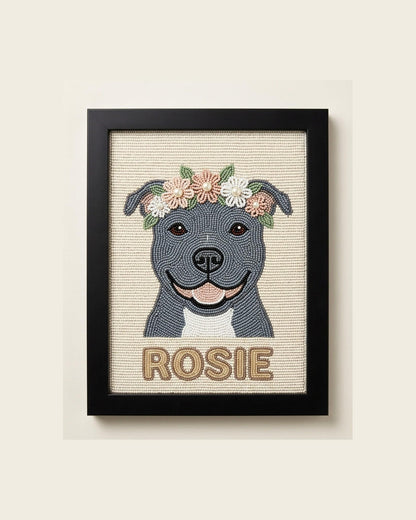 Custom Beaded Pitbull Wall Art with Flower Crown, Personaliz