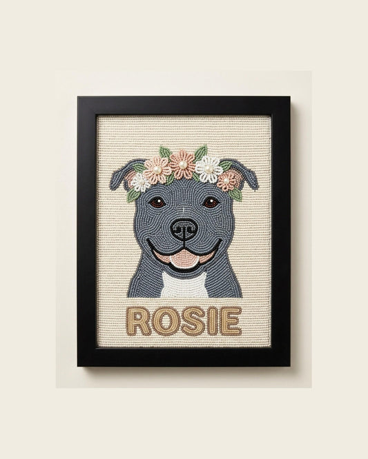 Custom Beaded Pitbull Wall Art with Flower Crown, Personaliz
