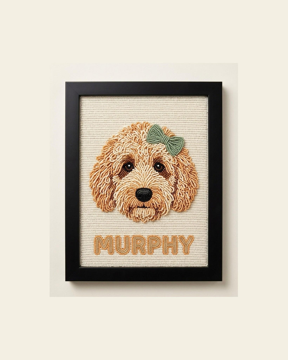 Custom Beaded Goldendoodle Wall Art with Pet Name, Framed Hand Beaded Dog Portrait