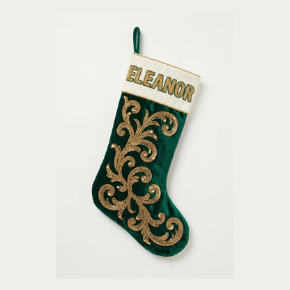 Emerald velvet beaded Christmas stocking with gold baroque scroll and name on the cuff