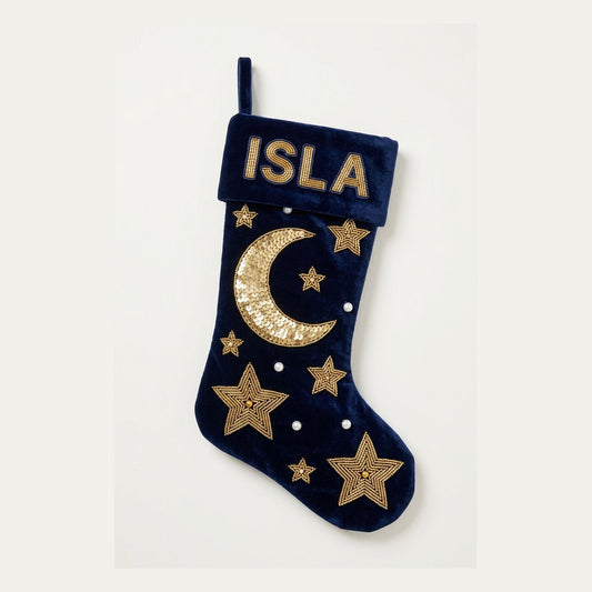 Midnight navy velvet beaded Christmas stocking with gold sequin moon, beaded stars and name on the cuff