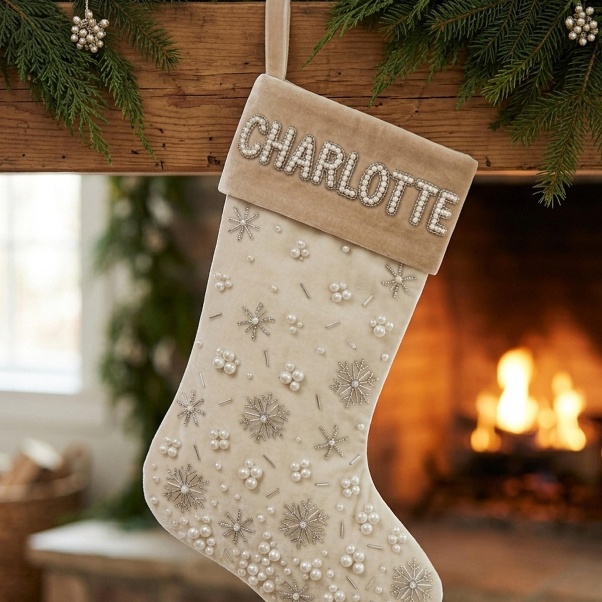 Ivory velvet pearl stocking hanging on a mantel