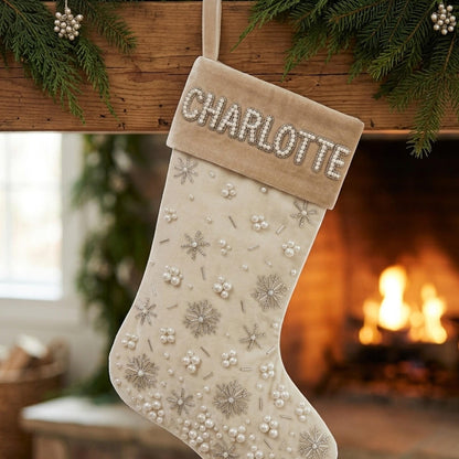 Ivory velvet pearl stocking hanging on a mantel