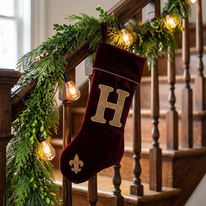 Oxblood velvet monogram stocking, lifestyle