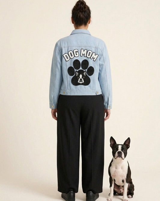 Owner wearing the beaded Dog Mom jacket with her Boston terrier beside her