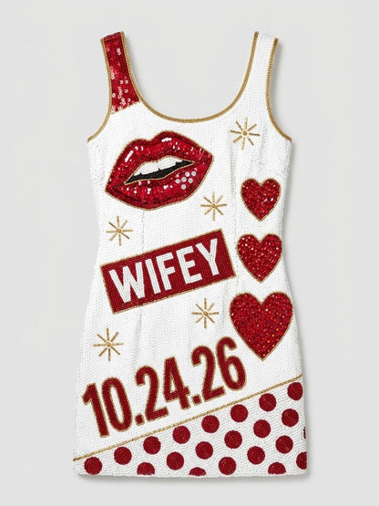 Wifey hand-beaded sequin reception dress, front