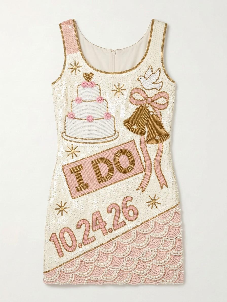 I Do hand-beaded sequin reception dress, front