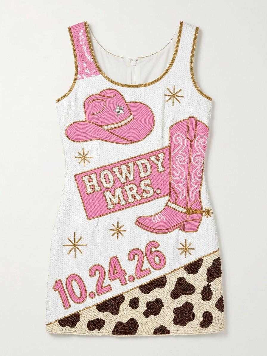 Howdy Mrs. hand-beaded sequin reception dress, front