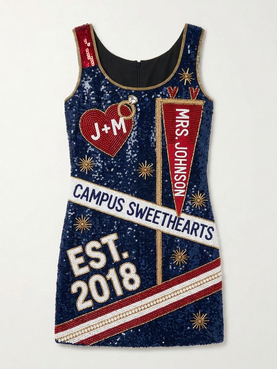 Campus Sweethearts Mrs. hand-beaded sequin reception dress, front